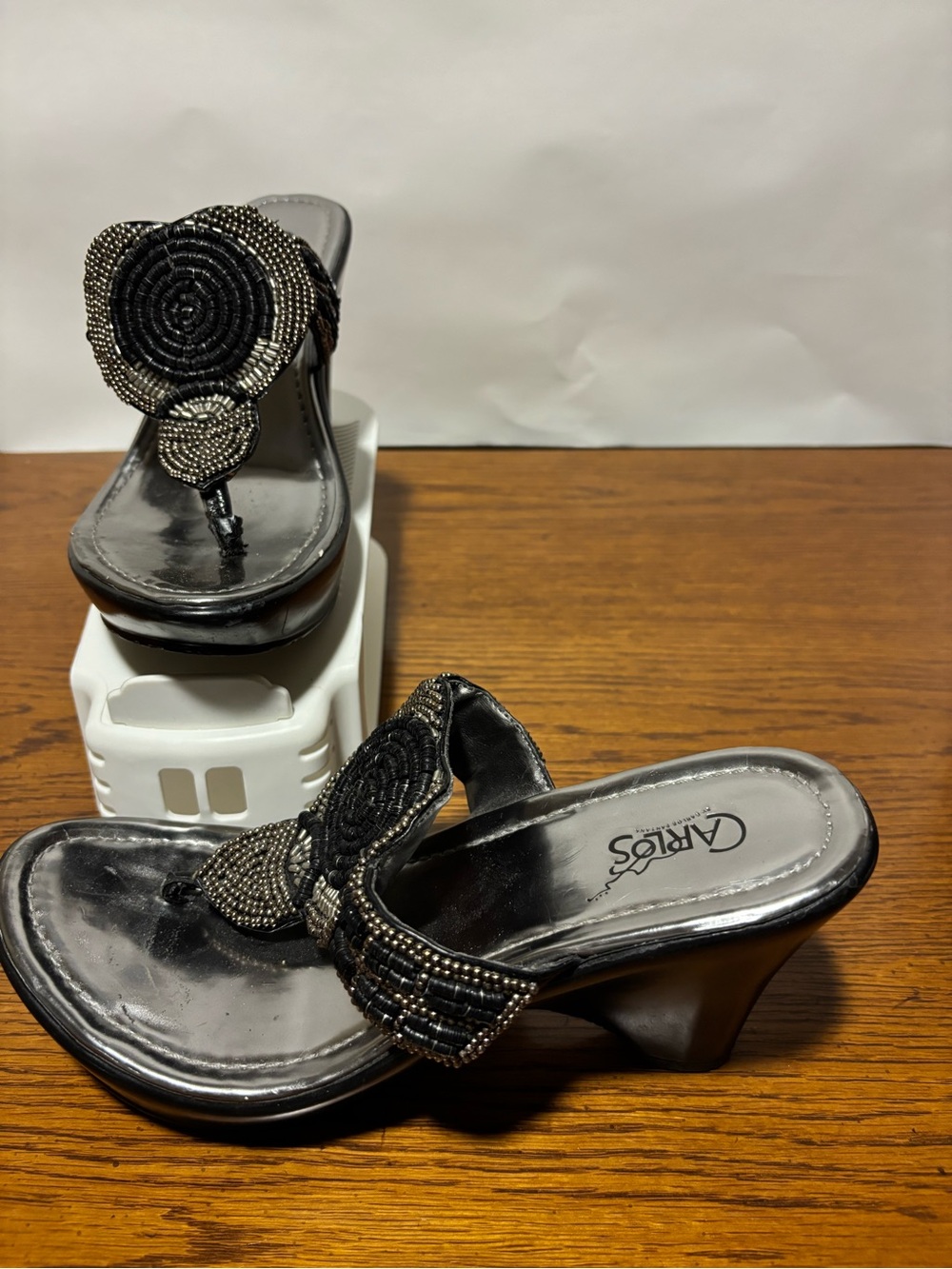 Carlos Santana Black Beaded Wedge Sandals